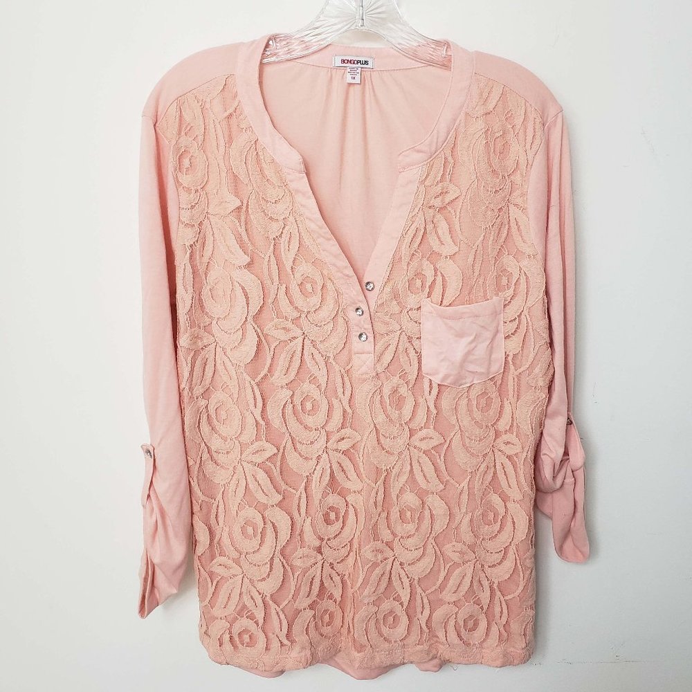 BongoPlus Women's 1X Peach Floral Lace Henley Shirt Top Blouse